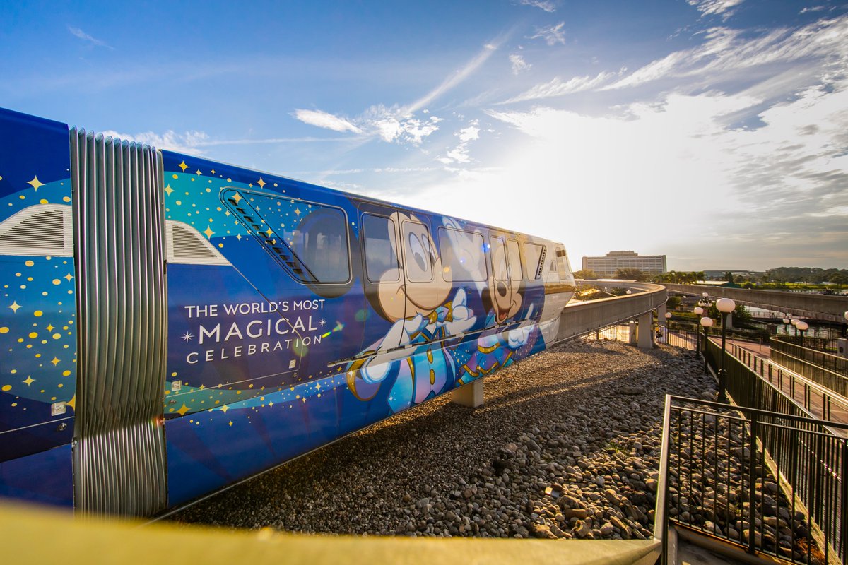 WaltDisneyWorld's tweet photo. Here’s your first look at the new monorail wrap celebrating the upcoming “World’s Most Magical Celebration” at Walt Disney World Resort! #DisneyWorld50 https://t.co/TCsZ3B7xds