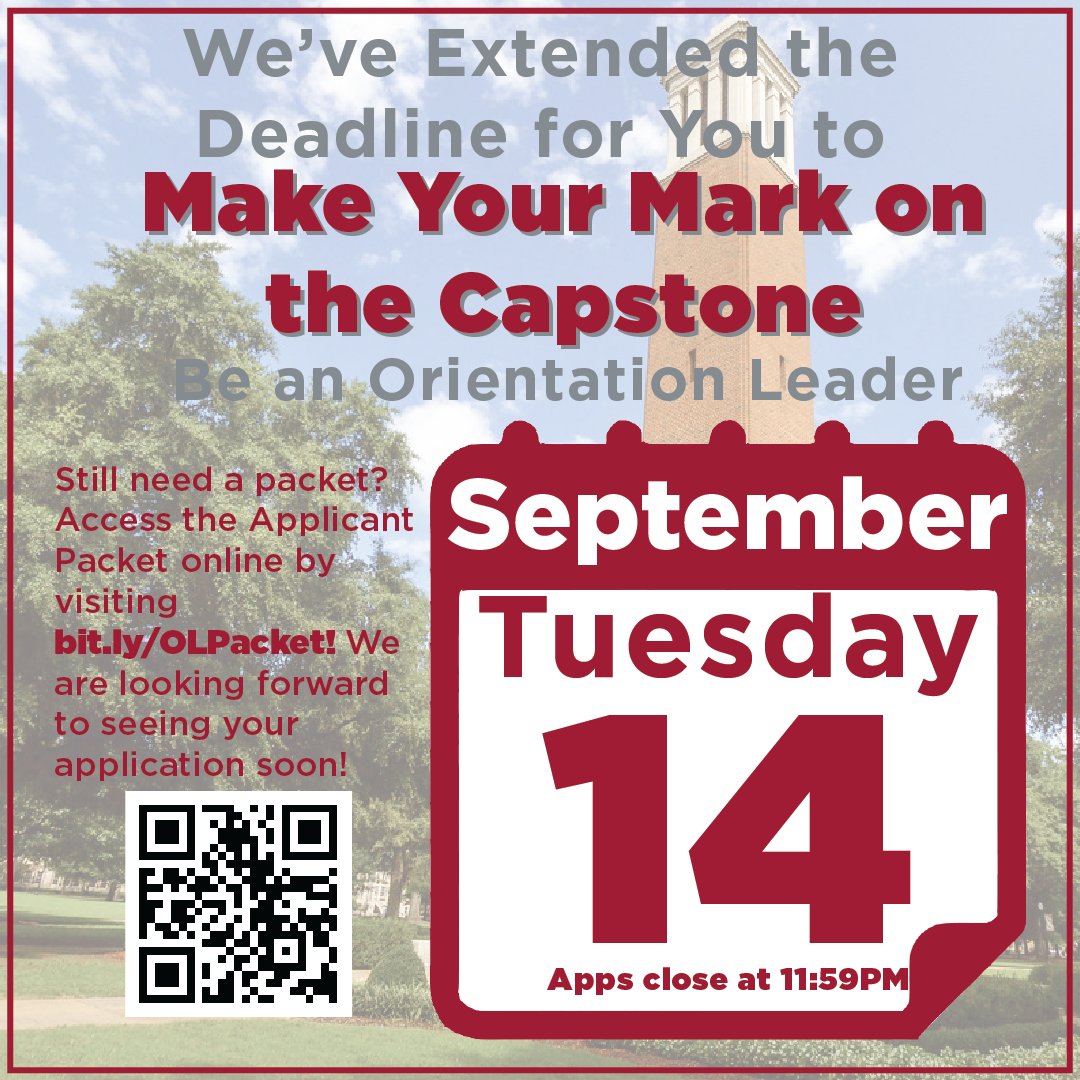 It's not too late to apply to be on the Orientation Team! Applications have been extended until 11:59pm on Tuesday, September 14, 2021! You can access the applicant packet by visiting bit.ly/OLPacket. Don't let this opportunity pass you by!