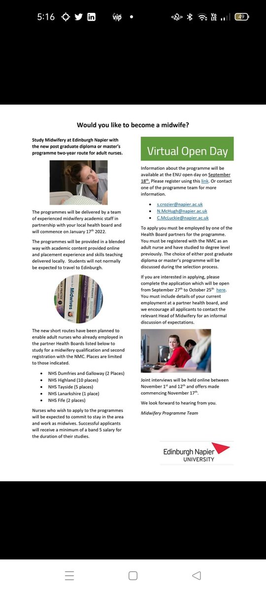 Opportunity to study to qualify as a midwife in partnership with various healthboards in Scotland for registered adult nurses.