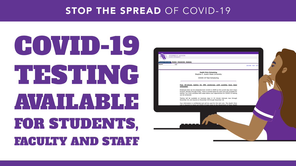 SFASU's tweet photo. Health Services is now offering walk-in COVID-19 testing from 8:30 to 11:30 a.m. and 1 to 4 p.m. Monday through Friday. The test is quick and easy, and results will be provided within three hours via text message.
 
For more information, contact Health Services at (936) 468-4008. https://t.co/0FNXmL7uWk