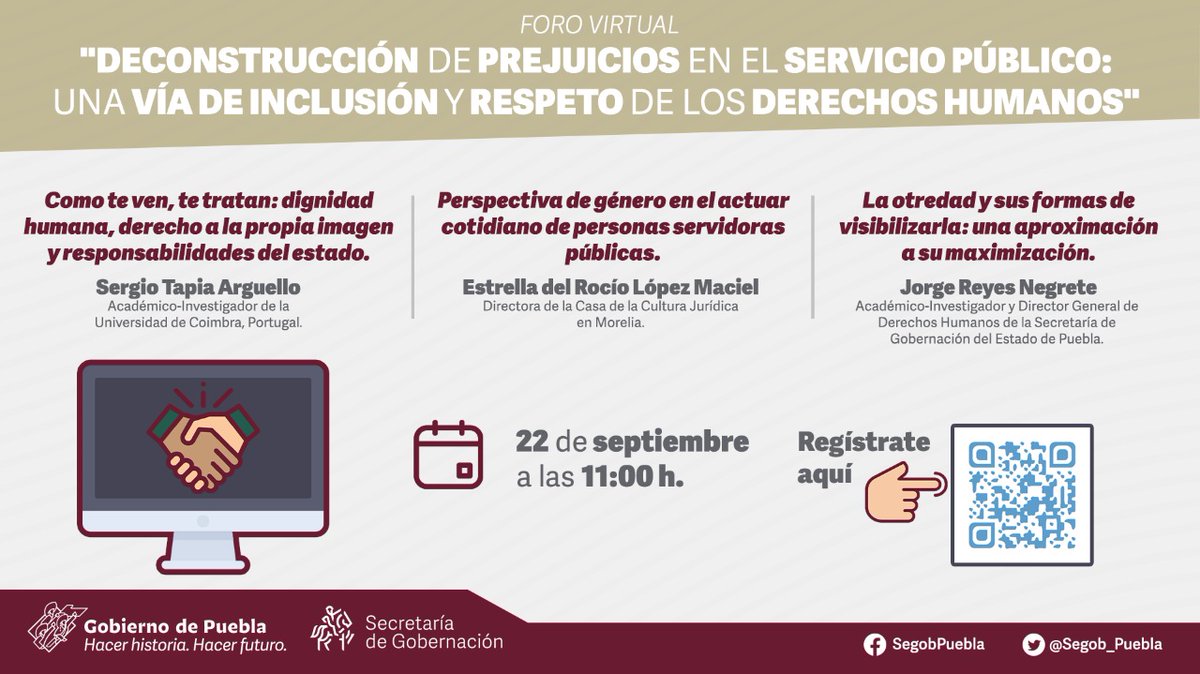 La Subsecretaría de Prevención del Delito y Derechos Humanos, te invita a #Participar en el foro virtual "Deconstrucción de prejuicios en el servicio público, una vía de inclusión y respeto de los #DerechosHumanos".
🗓 22 de septiembre
⏰ 11:00 h
Registro: bit.ly/3z3vcTr