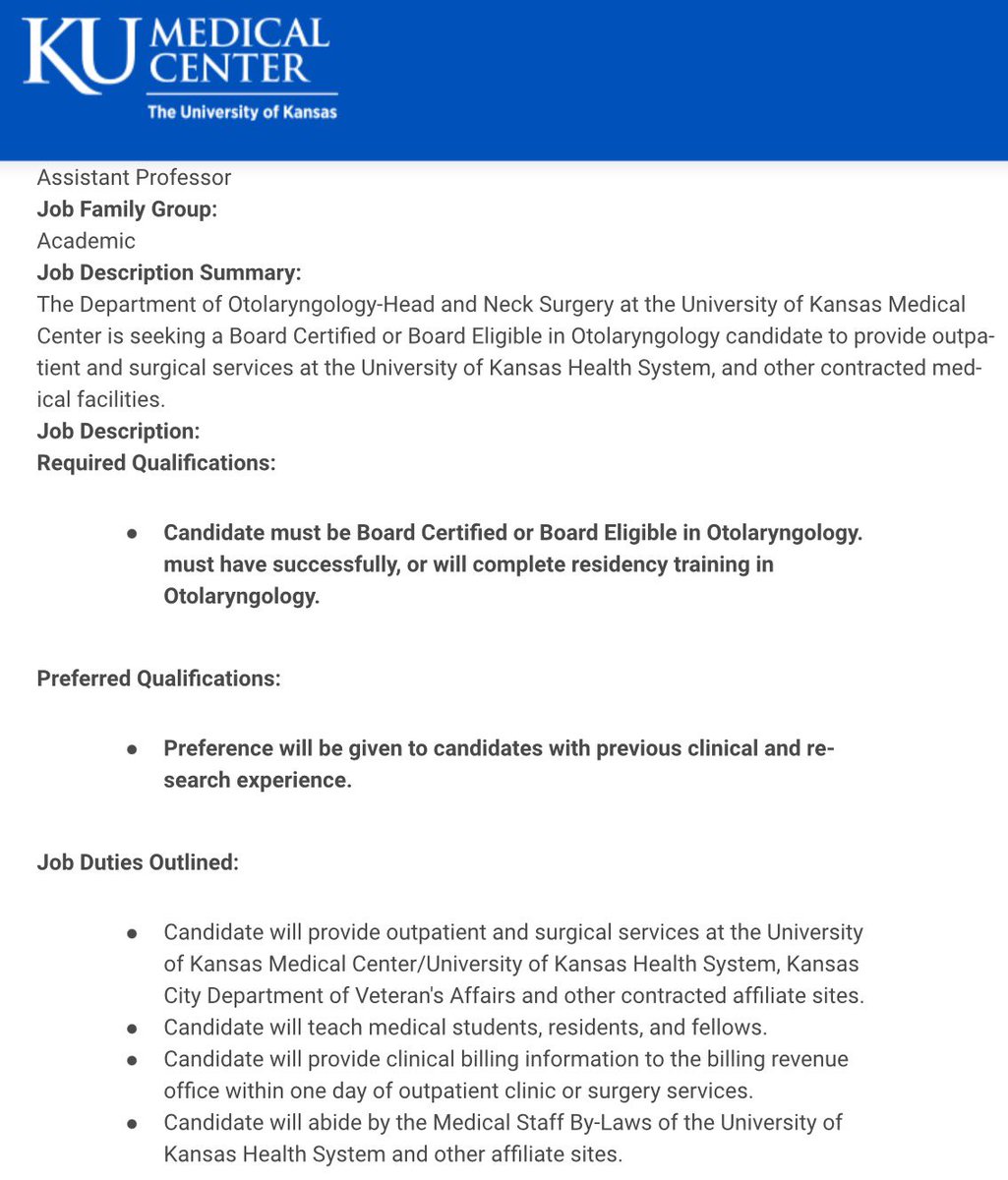 We’re hiring <a href="/KU_ENT/">KU Otolaryngology - Head & Neck Surgery</a>! Seeking candidates for a fulltime assistant professor position that will provide comprehensive otolaryngology services at our academic medical center <a href="/KUMedCenter/">KU Medical Center</a> <a href="/KUHospital/">The University of Kansas Health System</a> #KansasCity

📥🔗bit.ly/OtoHNScareer

#ENTsurgery #WeAreOto #MedTwitter #OtoHNS