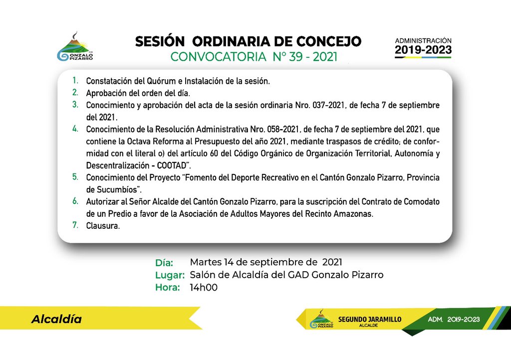 GADM_GP's tweet photo. La Municipalidad del cantón Gonzalo Pizarro pone a conocimiento de la sesión Ordinaria de Concejo que se efectuará el día Martes 14 de Septiembre del 2021, a las 14h00, en el Salón de Alcaldía https://t.co/9v41zsfPyx