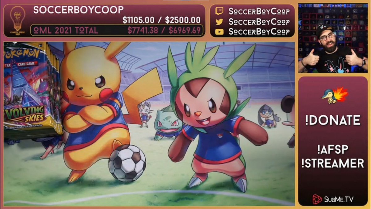 OMLEvent's tweet image. WHAT IS HAPPENING?!

30 minutes in and Team SBC has raised $1105!!

@soccerboycoop and his community came to play today and wanted to show all the love for @afspnational &amp;lt;3

Meme goal 1 destroyed. Time to go OVER 9000!!!