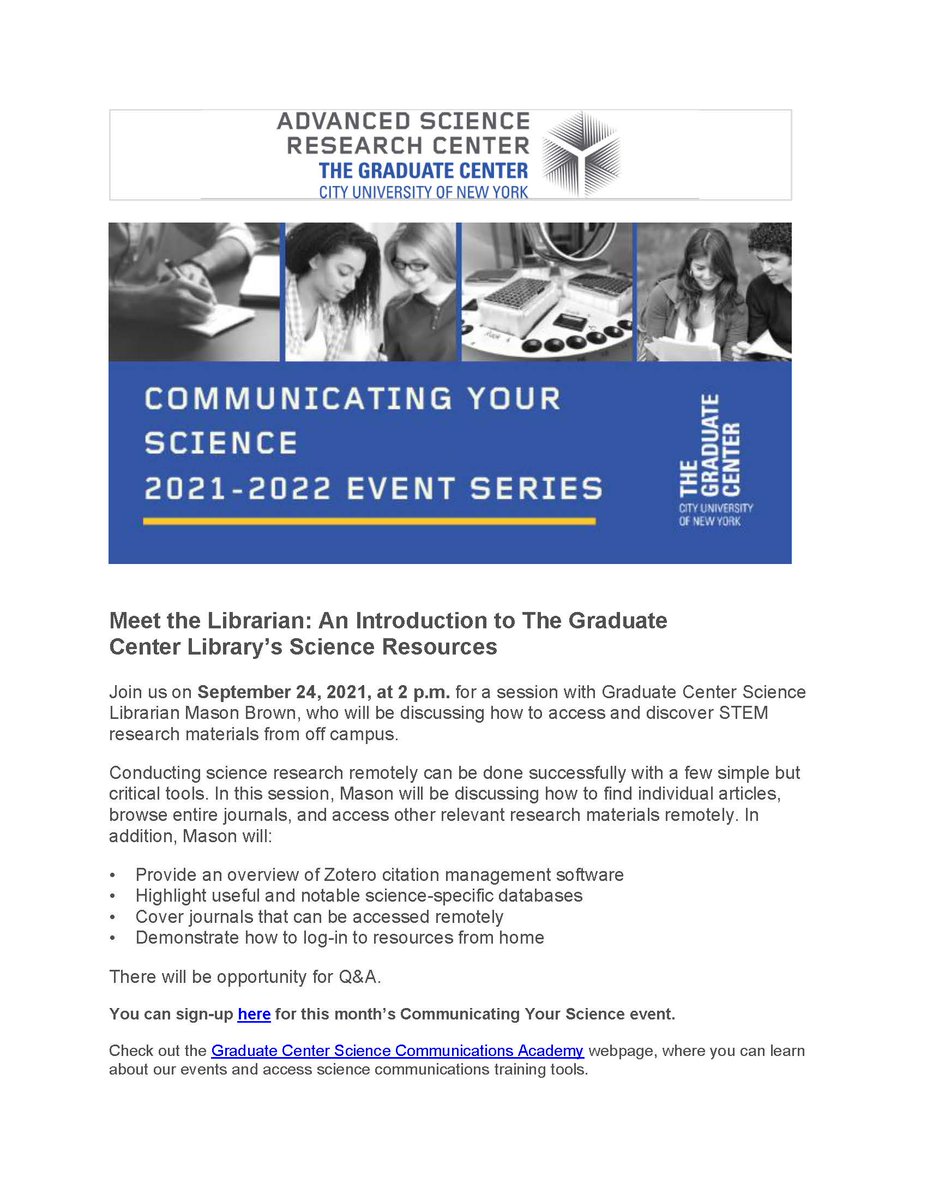 GC Sciences (@gcsciences) on Twitter photo A well designed literature search can save you months in the lab. Learn how to conduct one plus many other helpful tips from <a href="/cunyGClibrary/">Mina Rees Library | CUNY Graduate Center</a> workshop. Register gc-cuny.zoom.us/meeting/regist… A well designed literature search can save you months in the lab. Learn how to conduct one plus many other helpful tips from <a href="/cunyGClibrary/">Mina Rees Library | CUNY Graduate Center</a> workshop. Register gc-cuny.zoom.us/meeting/regist…