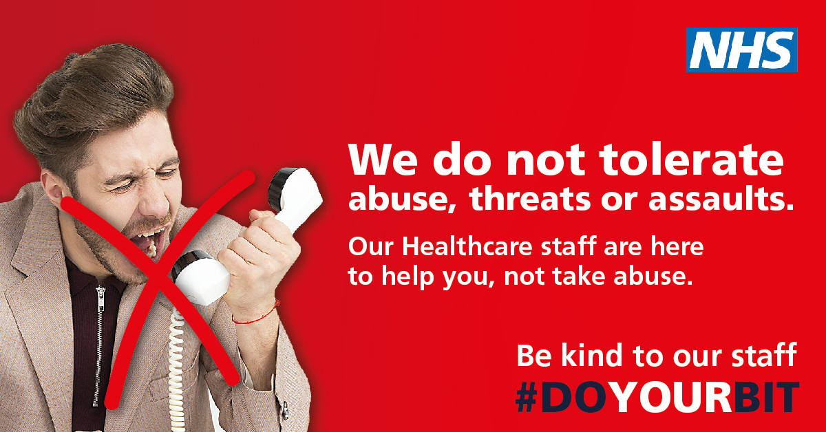 We understand that it can be frustrating when our practices are busy 😖 but please remember that our staff are here to help you 👨‍⚕️ Not take abuse ❌

It's not okay to:

🚫 raise your voice
🚫 physically threaten 
🚫 swear or intimidate 

Please #BeKind