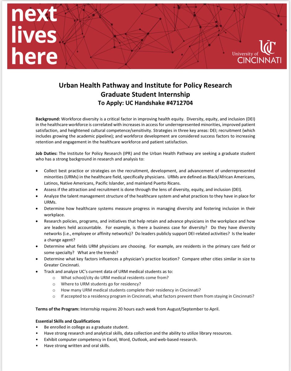 UCBGPSA (@ucbgpsa) on Twitter photo Hello! The UC Institute for Policy Research & the Urban Health Pathway are seeking a grad student who has an interest in research and analysis to focus on workforce diversity in healthcare. View the flyer for info & apply if interested! For questions, email cranleda@ucmail.uc.edu Hello! The UC Institute for Policy Research & the Urban Health Pathway are seeking a grad student who has an interest in research and analysis to focus on workforce diversity in healthcare. View the flyer for info & apply if interested! For questions, email cranleda@ucmail.uc.edu