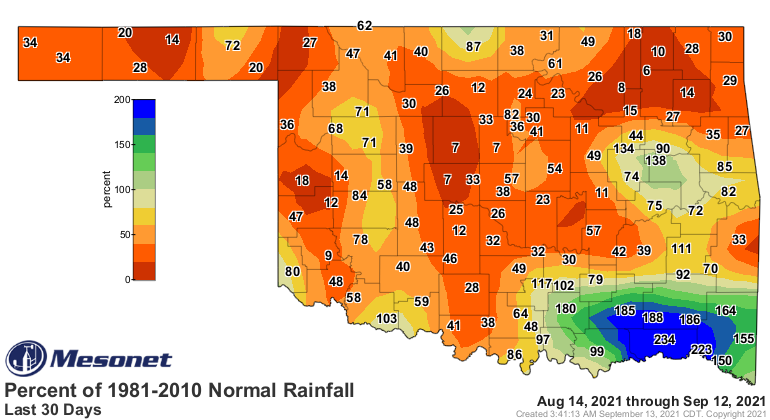 okmesonet's tweet photo. Fall forage prospects for wheat are starting to evaporate just like soil moisture is.  This 30-day % of normal rainfall map shows that most of the wheat belt has seen limited moisture.  Very small chances of rain for NW Oklahoma this week as well.  #okmesonet https://t.co/sQagIExxt4