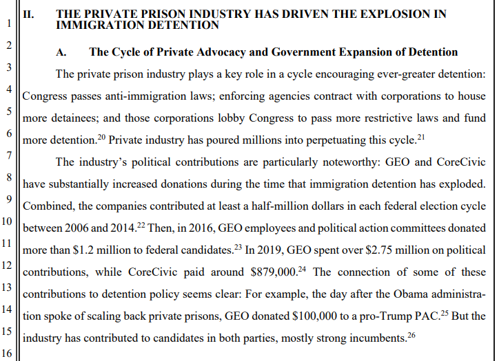 AbolishPrivPris's tweet photo. "The private prison industry plays a key role in a cycle encouraging ever-greater [immigration] detention." Read more about how the private prison industry contributes to overblown immigration detention in this amicus brief from the @FlorenceProject  https://t.co/ypyVXCepLu https://t.co/u9YbnARe2J