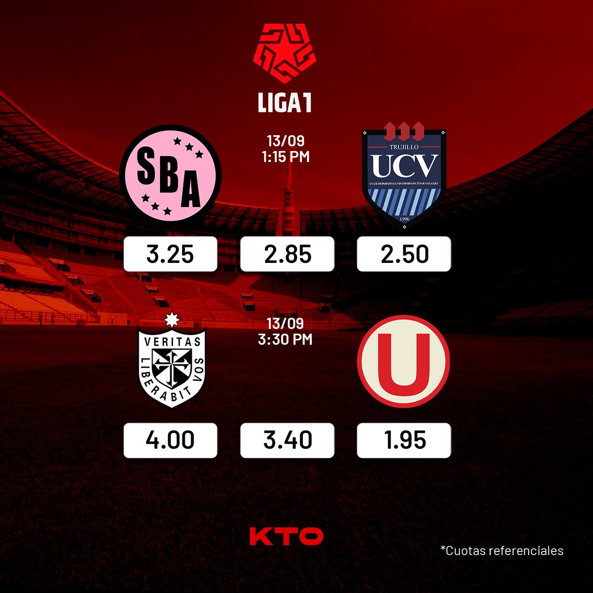 KTOPeru's tweet photo. Comienza la semana con la Liga 1 y KTO te trae las mejores cuotas! 🇵🇪⚽️

Si aún no realizas tu primera apuesta hasta S/100 en KTO, te la devolvemos en caso no aciertes! *Aplican T&amp;C.

Regístrate y Gana de verdad con KTO! 👇
https://t.co/VOQ2KjLAcX https://t.co/N3u3kx2IAA