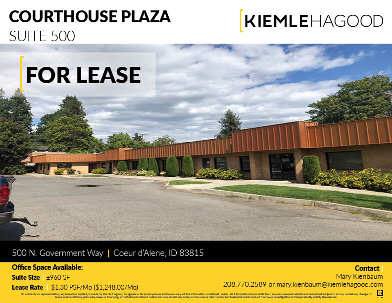 Suite 500 available FOR LEASE at Courthouse Plaza in Coeur d'Alene, ID! Contact Mary Kienbaum at 208.770.2589 for more information #marykienbaum #kiemlehagood #coeurdaleneid