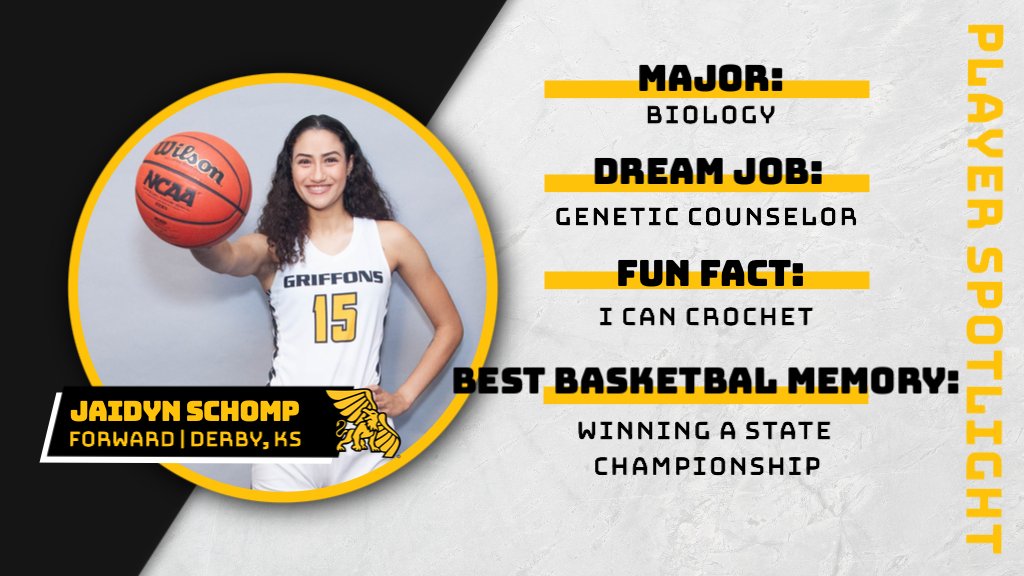 Griffon WBB 🏀 (@griffonwbb) on Twitter photo 🔦Player Spotlight: Jaidyn Schomp🔦
<a href="/JaiSchomp15/">Jaidyn Schomp</a>
📍Derby, KS
📚Biology Major
🧪Wants to be a genetic counselor
🧶Knows how to crochet
🏆Acquainted with winning!
#GriffUp 🔦Player Spotlight: Jaidyn Schomp🔦
<a href="/JaiSchomp15/">Jaidyn Schomp</a>
📍Derby, KS
📚Biology Major
🧪Wants to be a genetic counselor
🧶Knows how to crochet
🏆Acquainted with winning!
#GriffUp