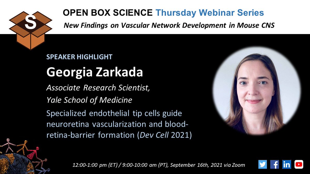 OpenBoxSci's tweet image. Sep 16 @OpenBoxSci Thursday Webinar
SPEAKER HIGHLIGHT #2
📢 Georgia Zarkada @ginzark @YaleCVRC 
⏲️12-1 pm ET/9-10 am PT, Sep 16, 2021 
&quot;Specialized #endothelial tip cells guide neuroretina #vascularization and blood-retina-barrier formation&quot;
👉Register:   
partners.zoom.us/meeting/regist…