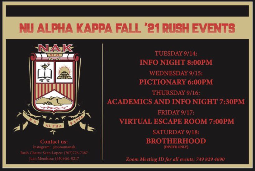 🚨NAKs ARE BACK🚨 
We been waiting for you.🔥 If you want to know how to become a brother of NAK make sure to stop by our Rush events and meet the brothers of Nu Alpha Kappa Inc. 💯 We’ll be tabling throughout the week at seawolf plaza come check us out! RUSH NAK 2021 🤩
#RushNAK
