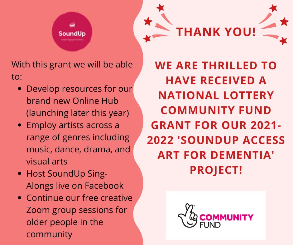 SoundUpArts (@sounduparts) on Twitter photo We are delighted to share that we have received a generous grant from The National Lottery Community Fund towards our 2021-22 projects! We are so excited about the opportunities this creates for us to spread creativity far and wide and bring people together!
<a href="/TNLComFund/">The National Lottery Community Fund</a> We are delighted to share that we have received a generous grant from The National Lottery Community Fund towards our 2021-22 projects! We are so excited about the opportunities this creates for us to spread creativity far and wide and bring people together!
<a href="/TNLComFund/">The National Lottery Community Fund</a>