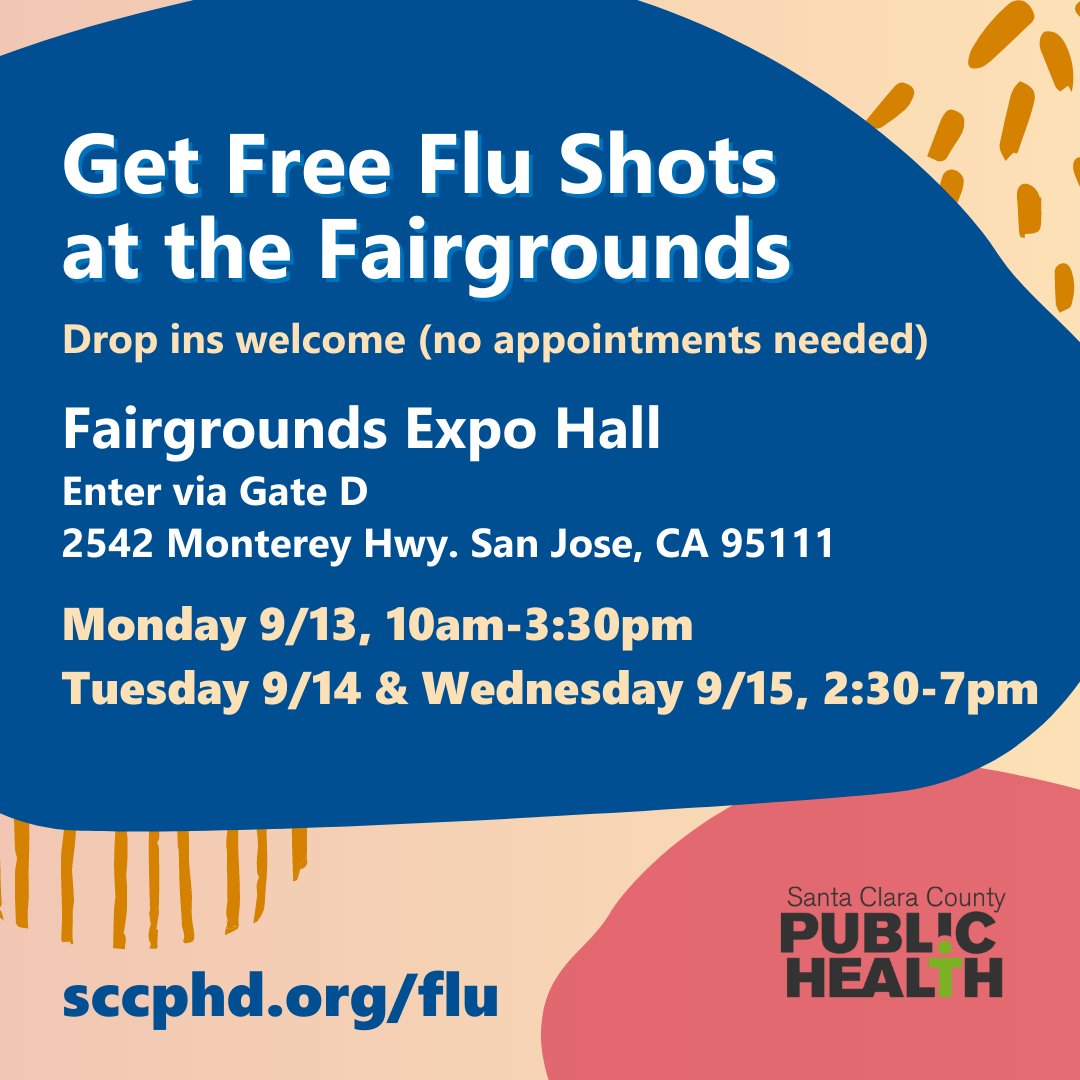 HealthySCC's tweet image. Come get FREE flu shots at the Santa Clara County Fairgrounds Expo Hall⁣!

Open to everyone ages 3 and up.
Drop ins welcome. 
All are welcome regardless of immigration status.