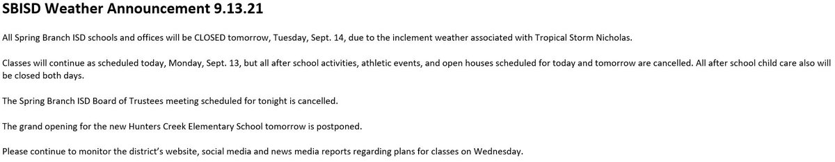 Hey, Raiders. 

No school tomorrow. 
Continue to check the district website for updates. 

Y'all stay safe. 
Take care of each other.