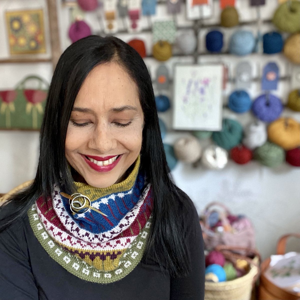 I love wearing my Tulip Garden Cowl with a brooch pin - how will you style yours? Tulip Garden Cowl &amp; Wrist Warmer patterns are in the gorgeous new ⁦<a href="/laine_magazine/">Laine Magazine</a>⁩ issue 12 knitted in beautiful ⁦<a href="/ShibuiKnits/">Shibui Knits | Yarn</a>⁩ Haven yarn.