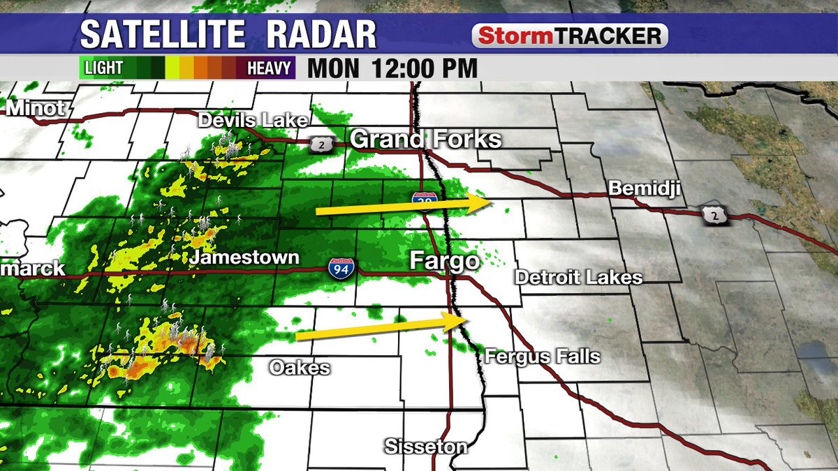 You'll likely need the rain jacket or umbrella for this afternoon and evening. Showers and a few embedded thunderstorms are pushing east across North Dakota.  #NDwx #MNwx