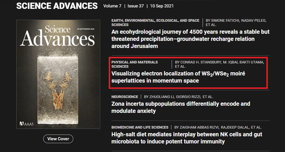 Via the collaboration of Lanzara &amp; Wang labs (<a href="/BerkeleyPhysics/">Berkeley Physics</a>/<a href="/BerkeleyLab/">Berkeley Lab</a>), and scientists at <a href="/advlightsource/">AdvancedLightSource</a> &amp; <a href="/synchroSOLEIL/">Synchrotron SOLEIL</a>, Conrad et al. use ARPES and optical spectroscopy to probe the localization of quasiparticle in aligned WS2/WSe2 heterobilayers bit.ly/3lhG37D