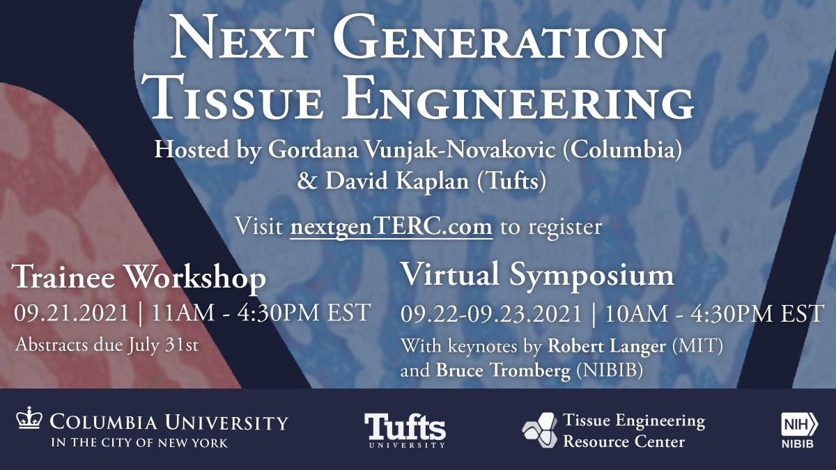 Announcing the full lineup for next week's #TERC 2021 "Next Generation Tissue Engineering" symposium, held on Zoom from Sept. 22-23rd, with a #trainee pre-conference held on Sept. 21st!! 

Register for both at nextgenterc.com/symposium