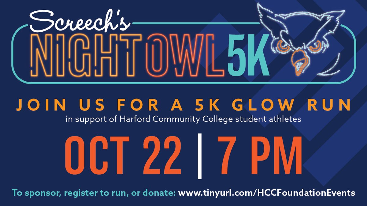 We're excited to see our Screech's Night Owl 5K return IN PERSON this year on October 22! Register to run, become a sponsor, or donate at tinyurl.com/237ux4cj! #1Harford