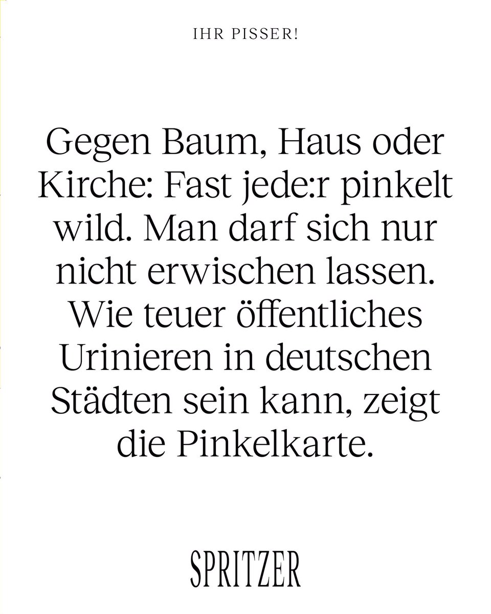 Haare (@klartextdjs) on Twitter photo Na, wann hast du zuletzt hinter ein Auto, gegen einen Zaun oder in einen Busch gepinkelt?
Wir alle müssen irgendwann einmal wildpinkeln. Aber das kann ganz schön was kosten. <a href="/danielhinz_/">Daniel Hinz</a> hat recherchiert, wie hoch die Strafen in Deutschland fürs Wildpinkeln sind. <a href="/DJSde/">Deutsche Journalistenschule</a> #spritzer Na, wann hast du zuletzt hinter ein Auto, gegen einen Zaun oder in einen Busch gepinkelt?
Wir alle müssen irgendwann einmal wildpinkeln. Aber das kann ganz schön was kosten. <a href="/danielhinz_/">Daniel Hinz</a> hat recherchiert, wie hoch die Strafen in Deutschland fürs Wildpinkeln sind. <a href="/DJSde/">Deutsche Journalistenschule</a> #spritzer