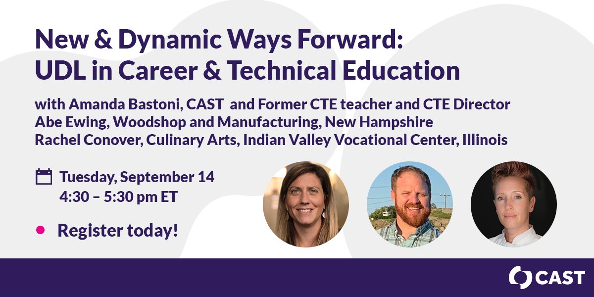 There's still time! ⌚ Register today for tomorrow's fantastic FREE learning event. Our topic? New and dynamic ways forward with #CTE and #UDL. Don't miss it: ow.ly/Tato50G0XMF #UDLchat #WorkforceDev #woodshop #manufacturing #CulinaryArts #VocEd