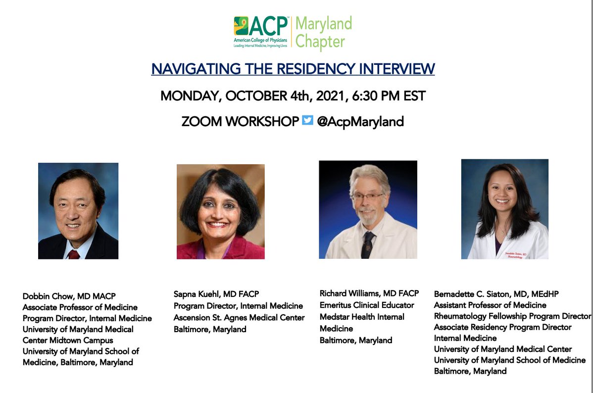 Navigating the Residency Interview: Zoom Workshop 4th October 2021 <a href="/AcpMaryland/">ACP Maryland</a> <a href="/ACPinternists/">ACP</a> 
Register Now: avrgnet.zoom.us/meeting/regist…