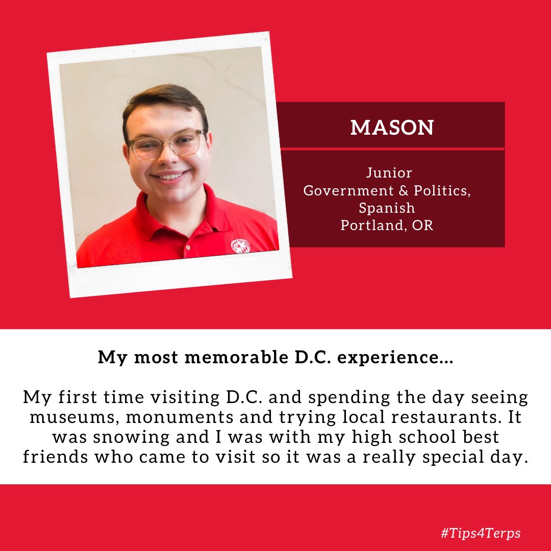 ApplyMaryland's tweet photo. Being close to Washington, D.C. gives Terps the opportunity to explore museums, local cuisine, performances and more. Marla, Sade and Mason share their most memorable D.C. experiences in today’s #Tips4Terps. https://t.co/7xfmRNprjY