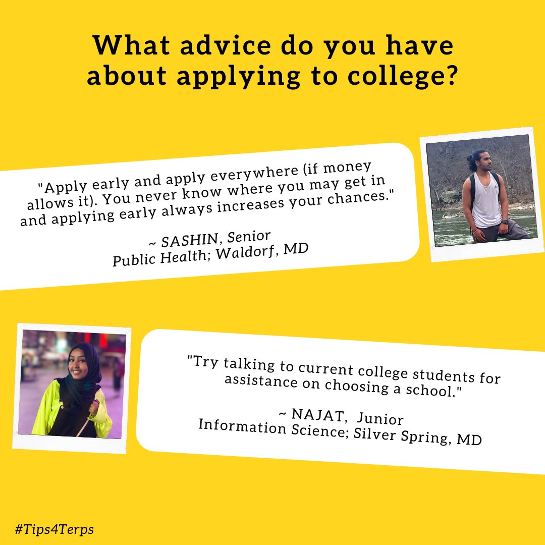 ApplyMaryland's tweet photo. When applying to colleges, Sashin and Najat recommend applying early and taking advantage of opportunities to talk to current college students. #Tips4Terps https://t.co/09aFSp0QN8