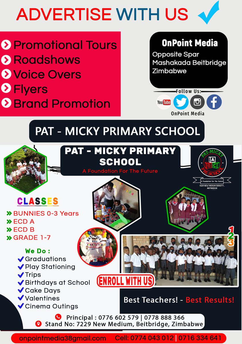 OnPointMedia4's tweet photo. SCHOOLS OPENED : Education is Power!!
Enroll with us - Pat Micky Primary School
Our Classes :
Bunnies 0-3 Years | ECD A | ECDA B | Grade 1 to 7
#advertising #marketing #advertisingagency #OnPointMedia #businesscards #Flyers #flyerdesign https://t.co/bKMP8rdvz8