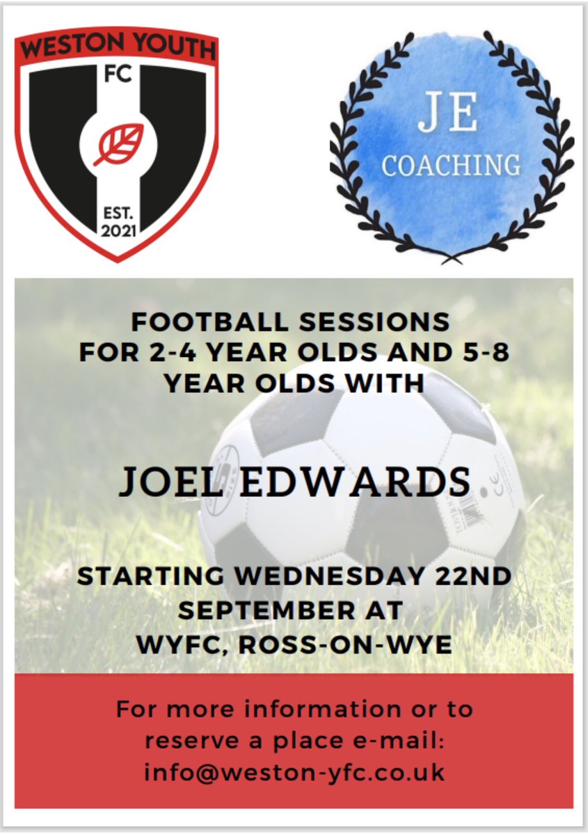 A reminder of our new sessions available  for 2-8yearolds. <a href="/JoelyEdwards/">Joel Edwards</a>
<a href="/HerefordshireFA/">Herefordshire FA</a> <a href="/Westonprimary/">Weston-under-Penyard Primary</a> <a href="/Ashfield_Park/">Ashfield Park Primary School</a> <a href="/WalfordSchool/">Walford Nursery & Primary School</a> <a href="/Bramptonabbotts/">Brampton Abbotts</a> @StJosephsRoss <a href="/lea_primary/">Lea C of E Primary School</a> <a href="/BridstowPrimary/">Bridstow Primary</a> <a href="/RossGazette/">The Ross Gazette</a> <a href="/rossonlinenews/">Ross-on-line</a> <a href="/RossNoticeboard/">ℝ𝕠𝕤𝕤 ℕ𝕠𝕥𝕚𝕔𝕖𝕓𝕠𝕒𝕣𝕕 💕</a> <a href="/GPtfa/">Gorsley Goffs Primary School PTFA</a> <a href="/GoodrichCESch/">Goodrich CE School and Goldcrests Nursery</a>