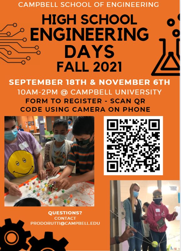 Our Campbell Engineering Days for Fall 2021 are fast approaching! Let the middle and high school students in your area know about this opportunity to engage in hands-on, project-based engineering design projects! Sign up below! ⁦<a href="/campbelledu/">Campbell University</a>⁩ ⁦<a href="/Campbell_Engr/">Campbell Engineering</a>⁩