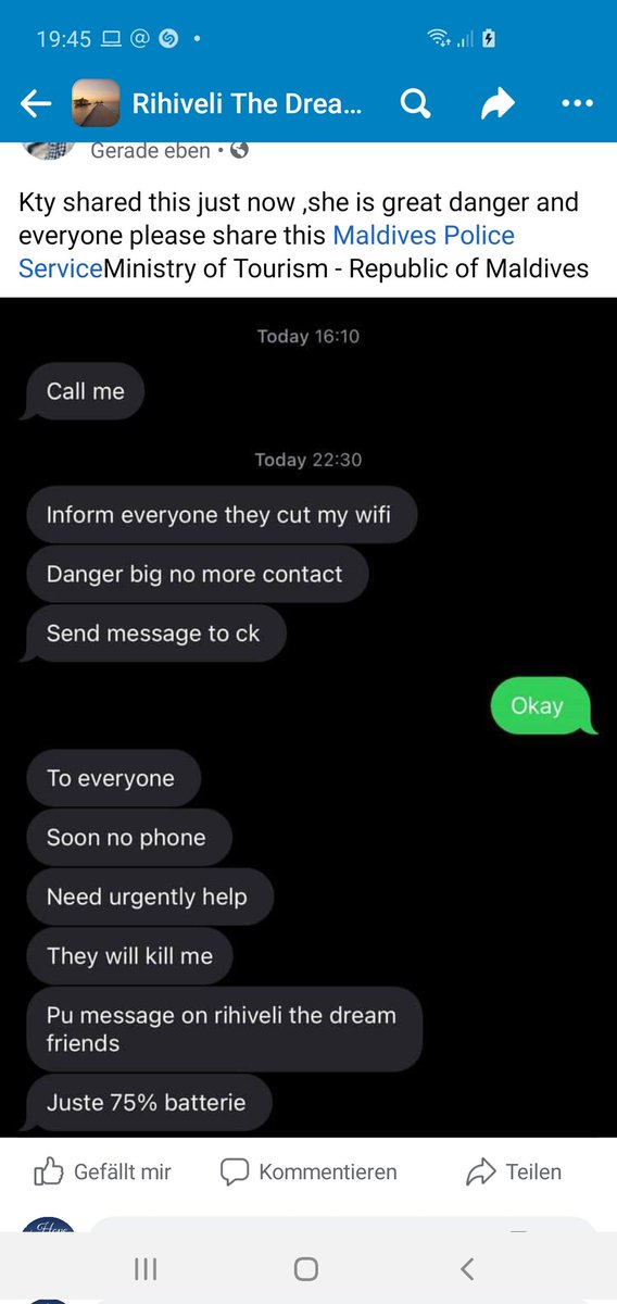 <a href="/RihiveliDream/">RihiveliTheDream</a> #Rihiveli
<a href="/PoliceMv/">Maldives Police</a> Urgent call from <a href="/KtyKalb/">Kty Kalb</a> at Rihiveli. Her life is not sure. <a href="/ibusolih/">Ibrahim Mohamed Solih</a> <a href="/ajaydevgn/">Ajay Devgn</a> <a href="/EmmanuelMacron/">Emmanuel Macron</a> <a href="/nazimsat/">Nazim</a> <a href="/presidencymv/">The President's Office</a> <a href="/TransparencyMV/">Transparency MV</a> <a href="/UNMaldives/">UN in the Maldives</a> <a href="/MDVinUK/">Maldives in UK</a> <a href="/JBLemoyne/">Jean-Baptiste Lemoyne</a> <a href="/FranceinColombo/">French Embassy in Colombo 🇫🇷🇪🇺</a> <a href="/hrcmv/">HRC of the Maldives</a> <a href="/HRC/">HRC</a> <a href="/Cyrilhanouna/">Cyril Hanouna</a> <a href="/sunbrk/">sun.mv</a> <a href="/Mausoom_Maus/">Abdulla Mausoom</a>