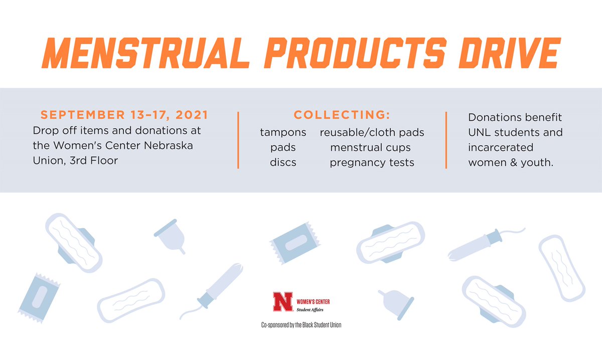 This week's Menstrual Product Drive benefits #UNL students and incarcerated women and youth. Drop off locations include:
✔️ Women's Center, third floor of the City Union 
✔️ Oldfather Hall, first floor next to elevators

<a href="/unlstudentlife/">Student Life at Nebraska</a> <a href="/UNLWomensCenter/">UNL Women's Center</a> <a href="/UnlBsu/">Black Student Union-UNL</a>