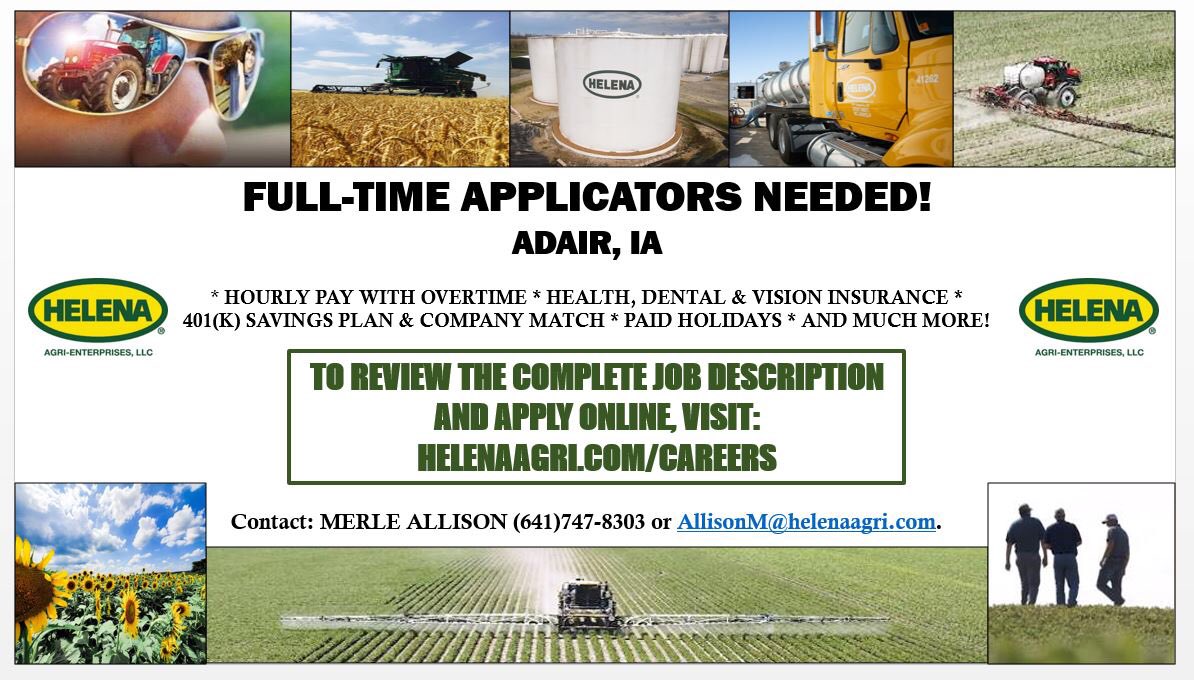 AdairHelena's tweet photo. We are looking to add to our operations staff in Adair!

Full-Time Applicator position available with Full-Time Benefits Package. Training and Certification options are provided. Please apply online by following the link in the comments below! https://t.co/hwH1bmhSjr