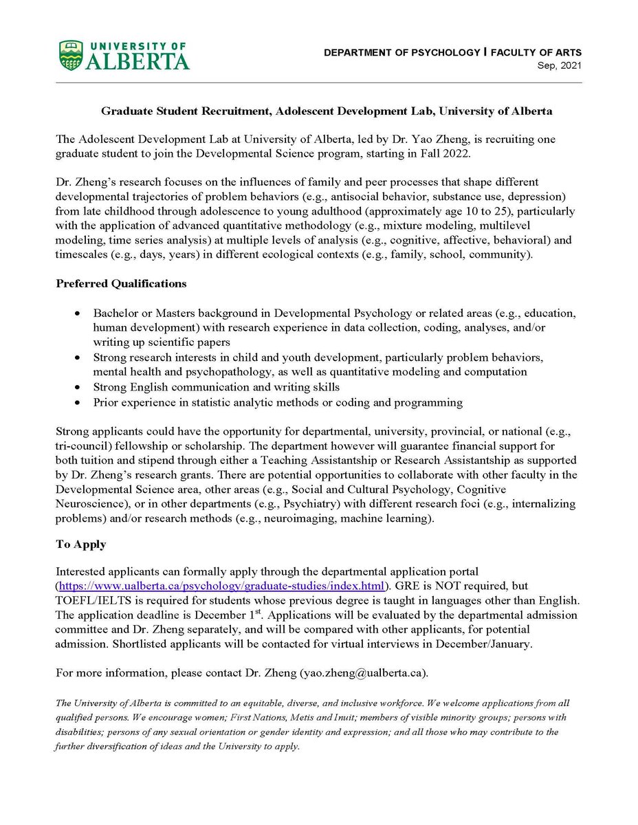 Inpurier (@inpurier) on Twitter photo My lab is recruiting 1 graduate student starting in Fall 2022. If interested in adolescence, genetics, intensive longitudinal data, statistical modeling & computation, mental health, psychopathology, plz apply! Deadline Dec 1st. Plz retweet! Thx! <a href="/Psych_UAlberta/">Dept of Psych UAlberta</a> My lab is recruiting 1 graduate student starting in Fall 2022. If interested in adolescence, genetics, intensive longitudinal data, statistical modeling & computation, mental health, psychopathology, plz apply! Deadline Dec 1st. Plz retweet! Thx! <a href="/Psych_UAlberta/">Dept of Psych UAlberta</a>