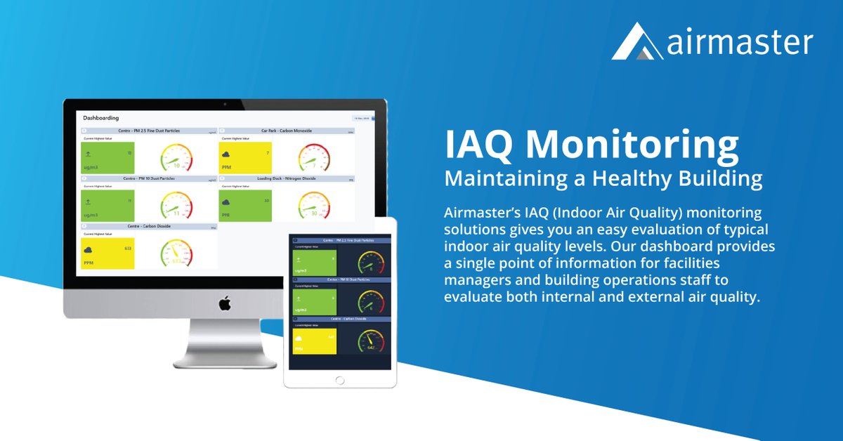 Airmaster’s #IndoorAirQuality monitoring system gives an easy evaluation of typical IAQ levels. The information is utilised in the #HVAC system to provide instant feedback and information through simple dashboards for employees, occupants and visitors. ow.ly/ZYMx50G1Ynp