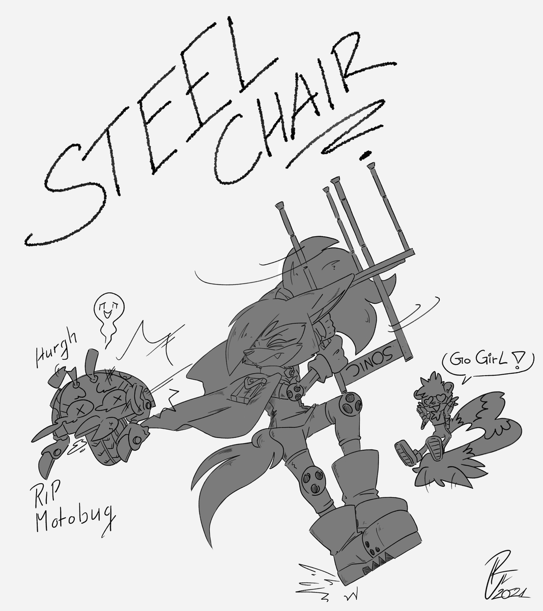 RNemrick's tweet photo. STEEL CHAIR ! Okay those who listened to the latest Bumblekast will know what this is all about. Whisper wrecks havoc with a Steelchair, I love this 😂 just a doodle to get it out of my Head.
#WhisperTheWolf #TangleTheLemur #Steelchair #ShyAwoo #RIPMotobug #SonicTheHedgehog https://t.co/qEEuIvCh0S