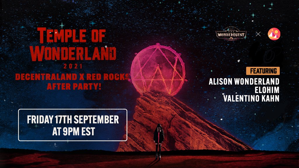 thewonderquest's tweet photo. We’ve got a special surprise for all token holders of The Wonderquest! 

Performing at our location in Decentraland, the headliners from The Temple Of Wonderland show at RED ROCKS are coming to the metaverse for their after party! This Friday at 9pm EST https://t.co/lULoL81Maa ⚔️ https://t.co/ezmxoMu440