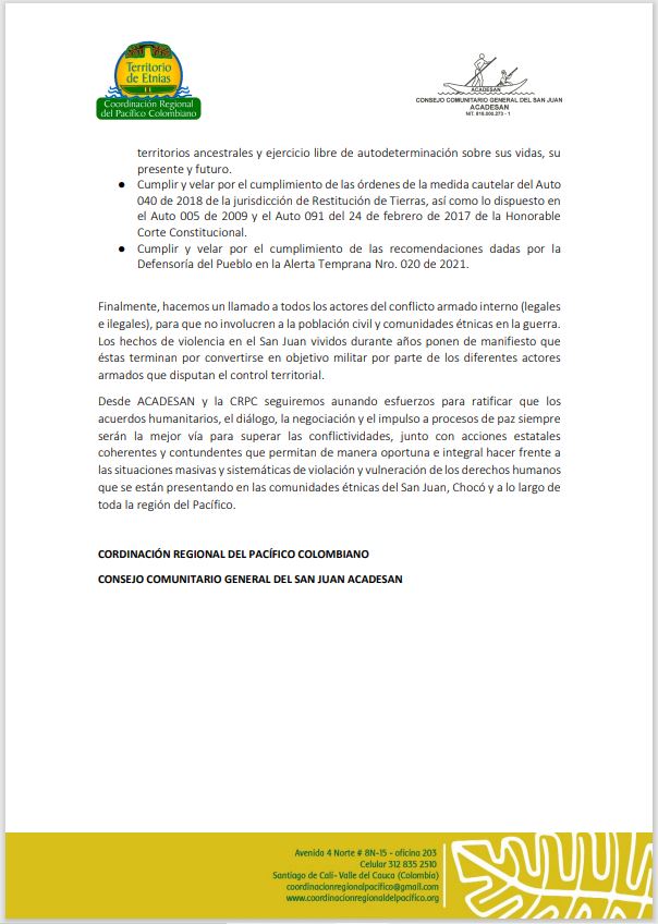 ACADESAN's tweet photo. Comunicado 04-2021: Grave riesgo en el río San Juan. Hace pocos minutos iniciaron combates dentro de la comunidad de San Miguel, territorio de ACADESAN. Ya había confinamiento y se ha iniciado otro desplazamiento masivo. 
Urge presencia humanitaria en territorio.
#SOSACADESAN https://t.co/4hVdVJqcoP