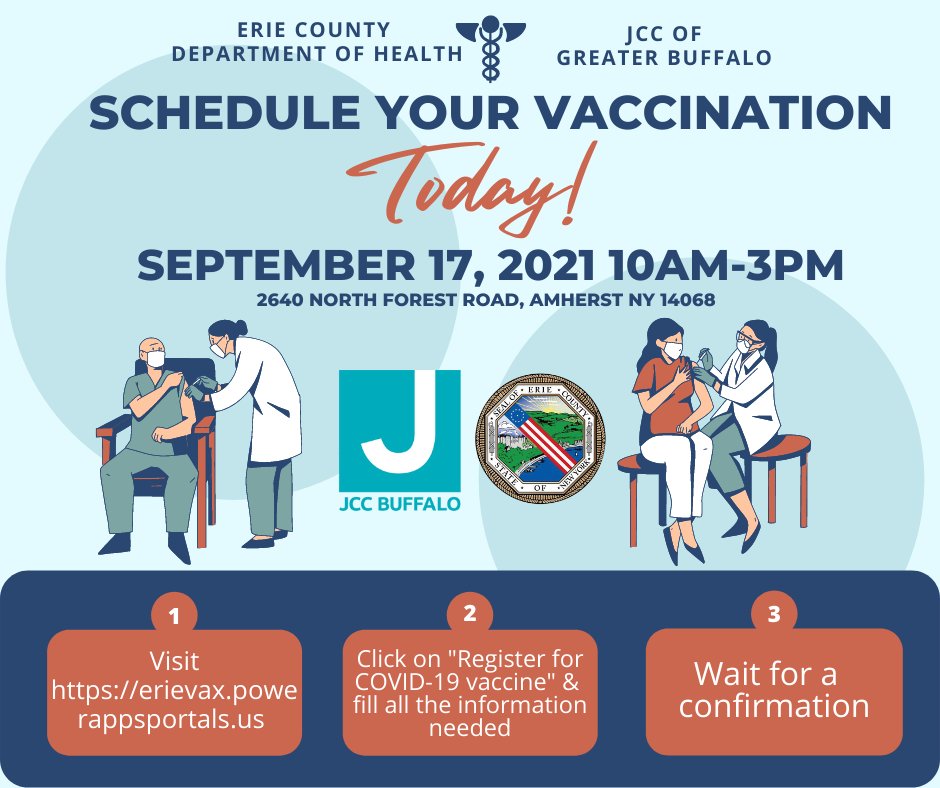 This Friday, we are partnering with the Erie County Department of Health (ECDOH) to host a vaccination clinic to help any employees or community members get on the path to being fully vaccinated. erievax.powerappsportals.us.  Pre-registration is suggested, but walk-ins are welcome.