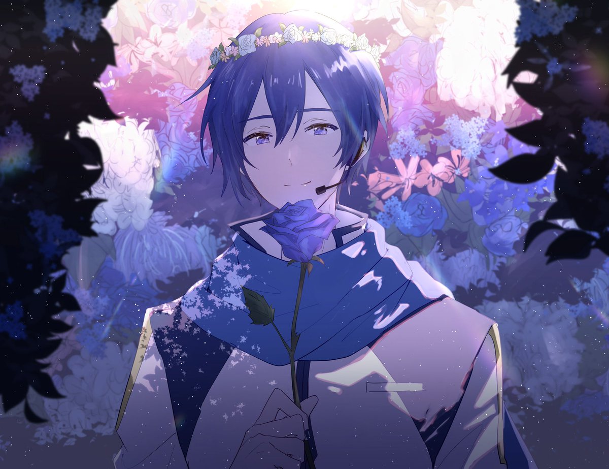 kaito (vocaloid) flower male focus blue flower 1boy blue rose holding flower blue hair  illustration images