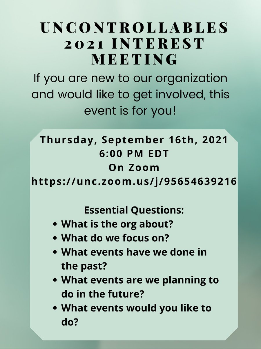 Hey y'all, our long awaited 2021 interest meeting is here! It will be on Thursday, September 16th, 2021, at 6:00 PM EDT here: unc.zoom.us/j/95654639216
Meeting ID: 956 5463 9216

If you are new to the group, this is the event for you!