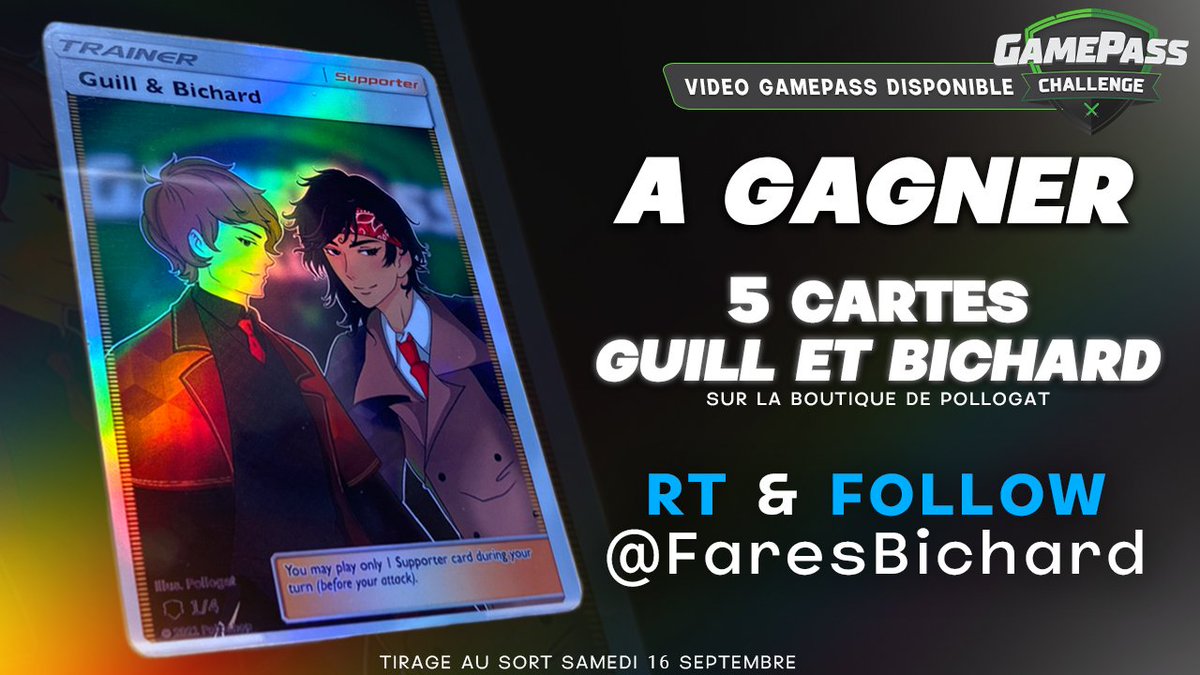 FaresBichard's tweet photo. 🎁COUCOURS🎁

A l'occasion de la sortie de ma vidéo GamePass Challenge, tente de gagner une des 5 cartes collectors @TheGuill84 &amp; @FaresBichard sur la boutique de @Pollogat_ 

5 gagnants qui recevront ces cartes directement chez eux

Pour participer : 🔁RT + Follow @FaresBichard https://t.co/RWPGLmSTcj
