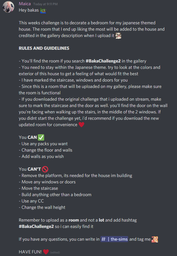 BakaMaica's tweet photo. Uploaded a new #BakaChallenge for you in the gallery
Don't forget to read the rules & feel free to like and share to spread the challenge.
I will be looking at your rooms on saturday the 18th live at https://t.co/5HUmapZgP5
✨have fun✨
#thesims4 #thesimschallenge @TheSims https://t.co/hdC2Ba3t1z
