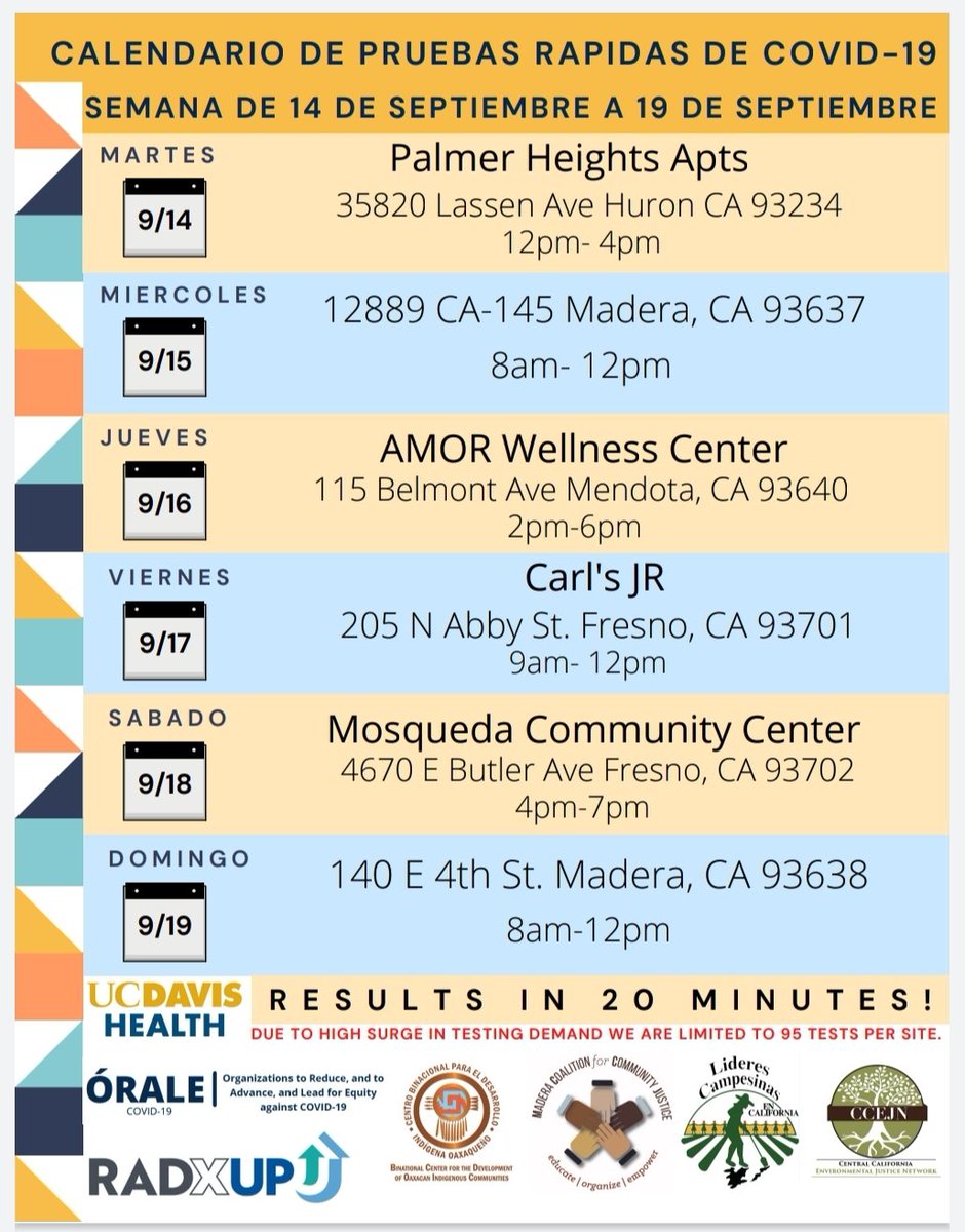 Corrección: el martes las #pruebascovid serán en los apartamentos Palmer Heights. 35820 Lassen Ave. Huron. A LA MISMA HORA 12-4 pm. y no en John Palacios. <a href="/radiobilingue/">Radio Bilingue</a> <a href="/LCampesinas/">Líderes Campesinas (Women Farmworker Leaders)</a> <a href="/CCEJN/">CCEJN</a> @CBDIOFRESNO