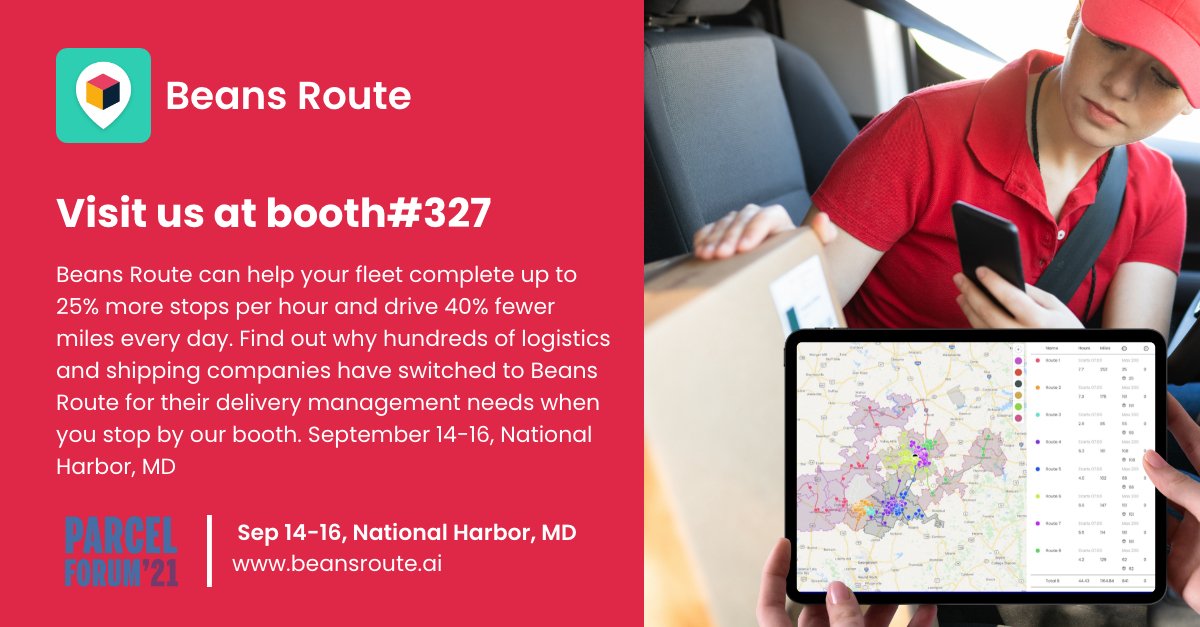 BeansRoute's tweet photo. Going to the Parcel Forum September 14-16? Come visit us at booth #327! 
Beans Route can help your fleet complete up to 25% more stops per hour and drive 40% fewer miles every day. #DeliveryManagement #ParcelForum #Routing #Dispatching https://t.co/r4xKGrmos0