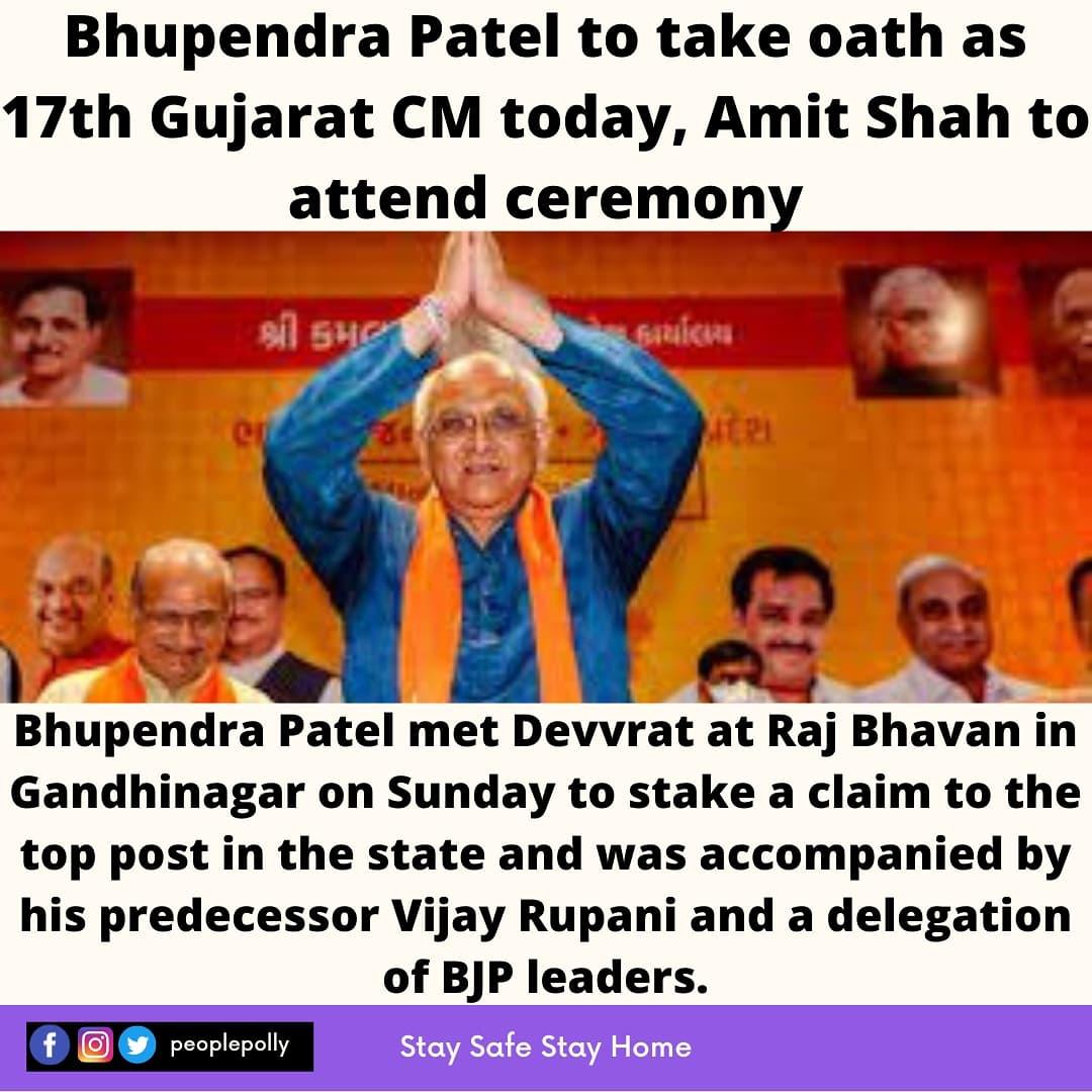 PeoplePolly's tweet photo. Bhupendra Patel will on Monday take oath as the 17th chief minister of Gujarat. 
#gujarati #gujarat #india #news https://t.co/f5EOTENTsu